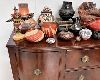 A closer view of some of the collection of Native American art at this sale including pottery from Santa Clara Pueblo, Acoma Pueblo, and Jemez Pueblo artists Marcella Yepa, Mary Rose Toya, Sharon Lewis, Darin Victorino, Madeline Naranjo, Tina Garcia, Jackie Shutiva; Mata Ortiz pottery, Hopi Kachina dolls, and much more