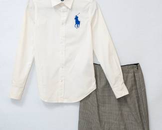 Ralph Lauren Green Label big pony button down white blouse, with a Ralph Lauren Collection Purlple Label houndstooth plaid short shirt with ruffled hem