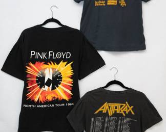 Reverse view of Pink Floyd North American tour 1994 t-shirt, The Monkees 20th Anniversary World Tour t-shirt, and Anthrax Among the Living World Tour Phase 1 T-shirt