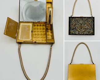 A vintage hand embroidered and gold tone metal makeup compact wrist purse, with serpentine chain handle; the interior with a mirror (with space behind it for cigarettes, cards, cash), a lidded powder compartment with powder puff, and lipstick tube