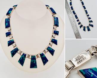 Gorgeous 950 Mexico sterling silver bib necklace with bold azurite colored polished stones.
