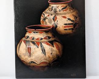 A signed painting of two southwestern native American pottery jars