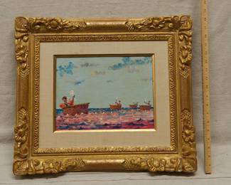 An oil on canvas board painting by John Morris (American, 1920-1991) depicting female monkeys sailing across the water in woven baskets while admiring themselves in hand mirrors. Signature in lower right corner. Matted and in a carved giltwood frame. Approximately 18" tall including frame.