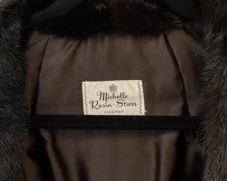 Closeup of beautiful glossy dark brown mink fur coat, label of Michelle Rosin-Starr, Chicago