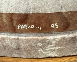 Closeup of signature on the Navajo marble alabaster sculpture by Navajo Native American artist Leslie Pablo (b. 1964)