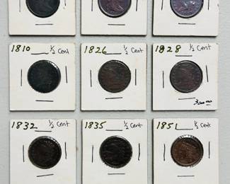 Old US Coins, Half Cents, dated 1803, 1805, 1809, 1810, 1826, 1828, 1832, 1835, and 1851
