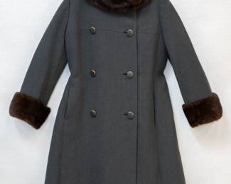 A vintage 1960's double breasted dress coat, gray wool with dark brown fur collar and cuffs; Houseman's Grand Rapids Kalamazoo