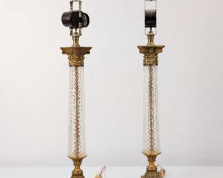 Pair of vintage cut crystal Corinthian column neoclassical style table lamps
