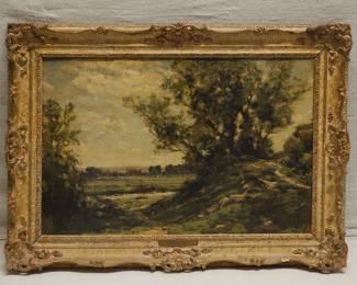 Jose Weiss (French/UK 1859-1919) Sussex Landscape Oil Painting. Antique landscape painting, oil on canvas, by Jose Weiss. Signed lower right and in an ornate gilt frame bearing a small plaque with the title “A Sussex Landscape” and artist's name. José Weiss (1859-1919) was a talented Paris-born landscape painter who settled in England in 1893; his works were exhibited at the Royal Academy, RBA, and the Paris Salon. Lived at Houghton, near Arundel, from 1897 and painted the Sussex landscape. On the reverse is a label from the Cooling Galleries in London, which was opened circa 1884 by John Albert Cooling.