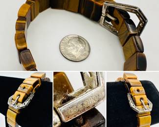 Closeup of the polished tigers eye stone and sterling silver buckle bracelet