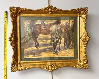 Framed signed naive watercolor painting of two saddled horses standing in dappled sunlight while a soldier or official speaks to a woman wearing a blue head scarf