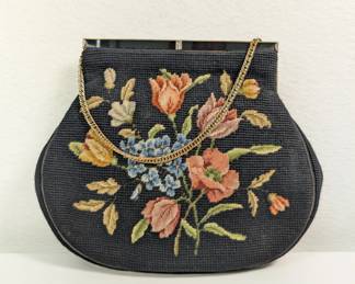 Vintage embroidered handbag, black with floral pattern