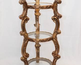Vintage Hollywood Regency gold Italian rococo style 3 tier etagere display stand