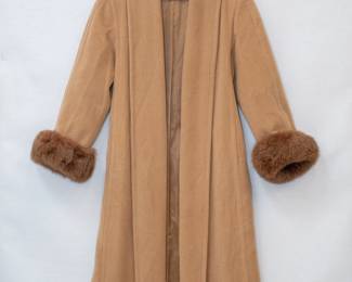 Louis Féraud camel wool long coat with fur cuffs and satin lining, US size 4