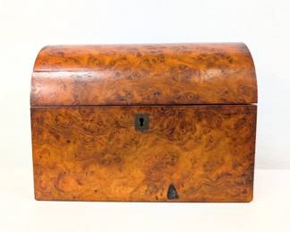 Beautiful antique burled wood locking tea caddy box with two lidded lined interior compartments