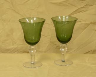 Pair of Artland Salute water goblets, sage green with clear stems