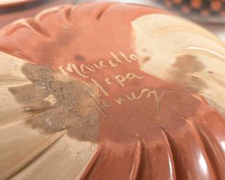 Base of the Jemez Pueblo pottery small two clay coiled polished bowl signed by Native American artist Marcella Yepa
