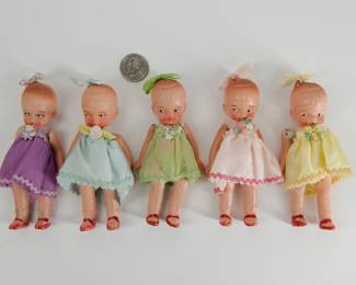 Dionne Quintuplets bisque doll set, jointed dolls, each with unique color fabric dress and hair ribbon; made in Japan
