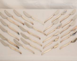 A set of Christofle France "Duo" pattern silver plated handled stainless blade dinner knives and butter knives, service for twelve, including extras