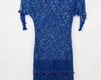 Vintage blue diamond pattern sequin dress with coin sequin fringed hem