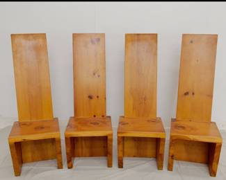 Set of four matching wooden chairs by artist Bill Crowe, signed and dated '94. Overall height 46 inches, L 24 inches, Height to seat 16 inches, width 16 inches