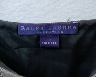 Closeup of the Ralph Lauren Collection Purple Label houndstooth plaid short shirt with ruffled hem