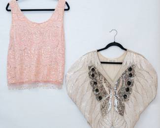 A light pink scoop neck crop top, beautifully beaded with individually sewn in white translucent sequins and scalloped strings of tiny pink pearl beads, fringed hem with sequin strings; and a 100% silk vintage vintage sequin butterfly blouse, with cream, silver and black sequins and beads on a unique butterfly design and cut.