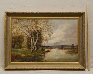 An old signed A. Wilscher oil on canvas painting of a tranquil river scene, signed lower right A Wilscher. In a gilt frame with a fluted cove. 30 inches by 42 inches.