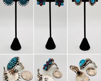 We have a wonderful selection of sterling silver earrings from Native American and Mexican artisans (Zuni petit point, Mexico Silver multi stone cabochon, and Navajo sterling silver turquoise).