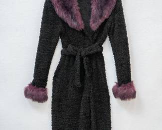 Carabella Collection black boucle belted coat with faux fur shawl collar and cuffs