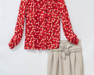 Valentino silk red and white floral printed blouse size 44/10, and a beige short skirt with same fabric roses belt