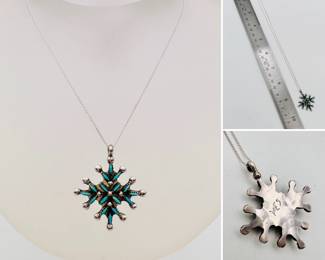 Petite Zuni style turquoise and silver snowflake pendant on a delicate sterling silver chain, signed VES.