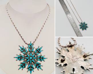 Signed Vera Halusewa (Zuni), silver needlepoint turquoise snowflake convertible pendant brooch on an 18" sterling silver chain.