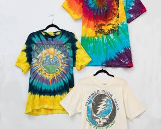 Grateful Dead 1991 Summer Tour tie-dye t-shirt, Grateful Dead Jerry Lives t-shirt, and Grateful Dead 1993 Summer Tour t-shirt