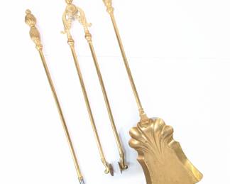 Antique fireplace set, brass poker, tongs, and shovel