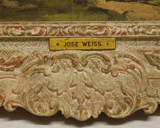 Jose Weiss (1859-1919) Sussex Landscape Oil On Canvas. Antique landscape painting, oil on canvas, by Jose Weiss. Signed lower right and in an ornate gilt frame bearing a small plaque with the artist's name. José Weiss (1859-1919) was a talented Paris-born landscape painter who settled in England in 1893; his works were exhibited at the Royal Academy, RBA, and the Paris Salon. Lived at Houghton, near Arundel, from 1897 and painted the Sussex landscape. On the reverse is a label from the Cooling Galleries in London, which was opened around 1884 by John Albert Cooling, and was located at 92 Bond Street in London from 1911 until the mid-1970s.