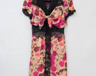 Christian Lacroix silk floral print and black lace dress, size 38, made in France