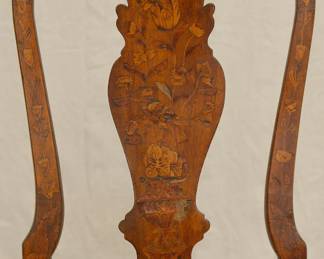 A Dutch Marquetry and carved wooden side chair, 19th Century, with bird, vase and floral inlaid vasiform splat, serpentine slip seat rail, shell cabriole legs, slipper feet.