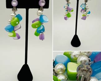 Closeup of colorful "chiclet" dangle cluster earrings, made in Japan