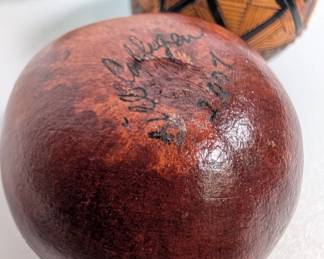 Closeup of base of one of two Geometrics Series incised and painted gourds by American fine artist Bill Colligen