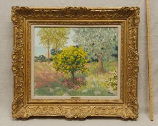 A beautifully colored impressionist landscape painting, oil on canvas, by Marie-Luci Nessi (French, 1910–1992). The painting is signed lower right and in a richly carved frame, originally from Wally Findlay Galleries, New York.