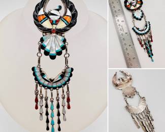 Magnificent vintage Zuni thunderbird convertible brooch pendant inlaid with jet, mother of pearl, turquoise, coral, and shell set in silver.