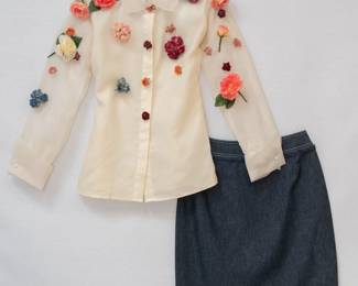 Anne Hobbs for Cattiva cream color blouse with applied fabric roses decoration, size 10; and an Escada dark cotton denim short skirt size 38 made in Germany
