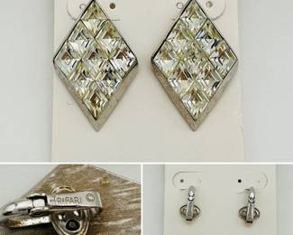 Crown Trifari silver tone Rhombus Diamond shape rhinestone clip earrings