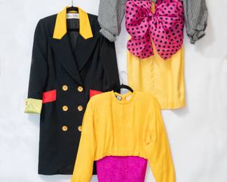A Bill Blass dress coat dress, black with multicolor accents; two 1980s vintage block color dresses