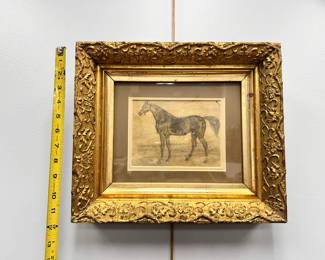Equestrian art - a framed vintage or antique signed illustration/sketch of a standing horse with low fence in the background