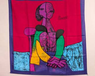 Picasso art silk scarf, seated woman abstract, brilliant colors