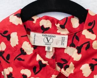 Closeup of Valentino silk red and white floral printed blouse size 44/10, made in Italy