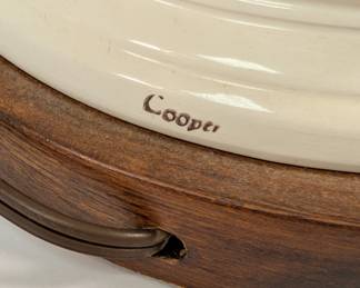 Closeup of vintage pair of Frederick Cooper cream embossed ceramic ginger jar style lamps