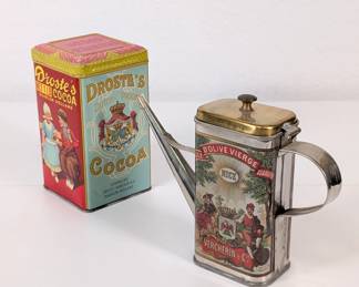 A vintage Huile D'Olive Vierge Oil Can Vercherin & Cie Nice France, and antique Droste's Cocoa Tin Haarlem Holland 1LB Metal Can Kitchen Display Container